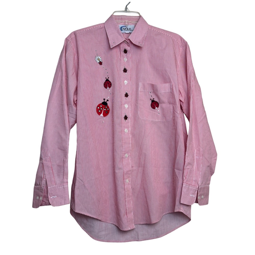 Las Olas Ladybug Embroidered Shirt Womens Small Red Pinstripe Rhinestone Vintage - Picture 1 of 15